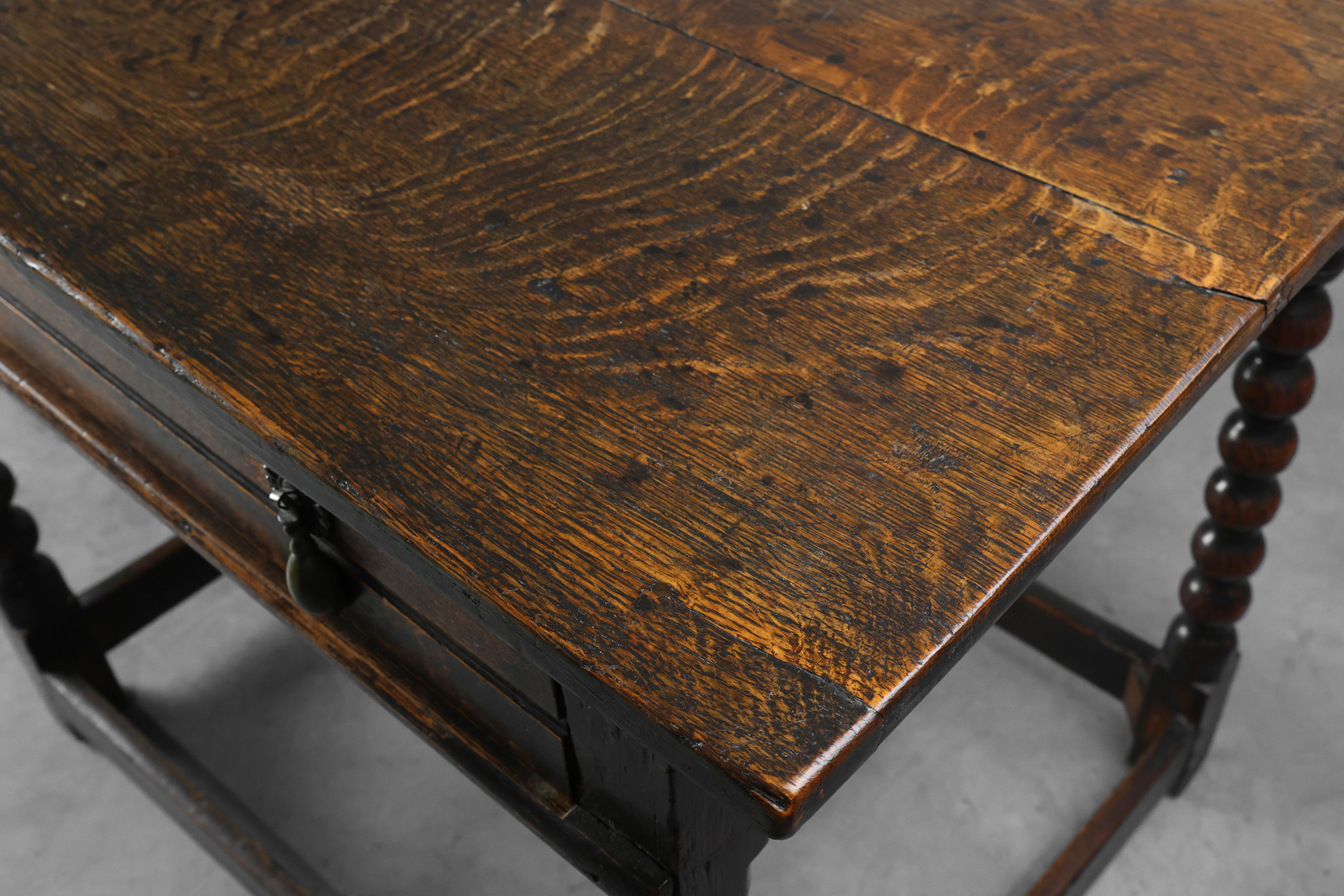 18th Century English Bobbin-Turned Oak Side Table with Bronze Hardware, James II Periodthumbnail